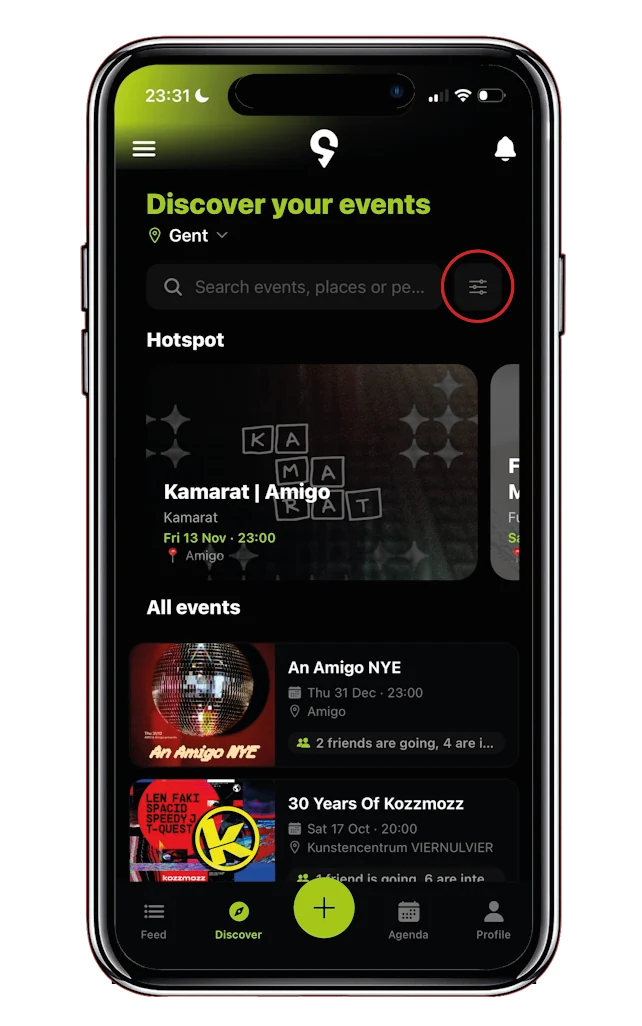 The Discover page in SPOT. with the filter button next to the search bar circled