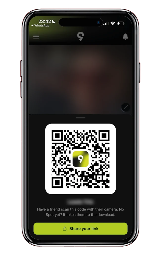A profile in SPOT. with the QR code open and the button to share your link below it