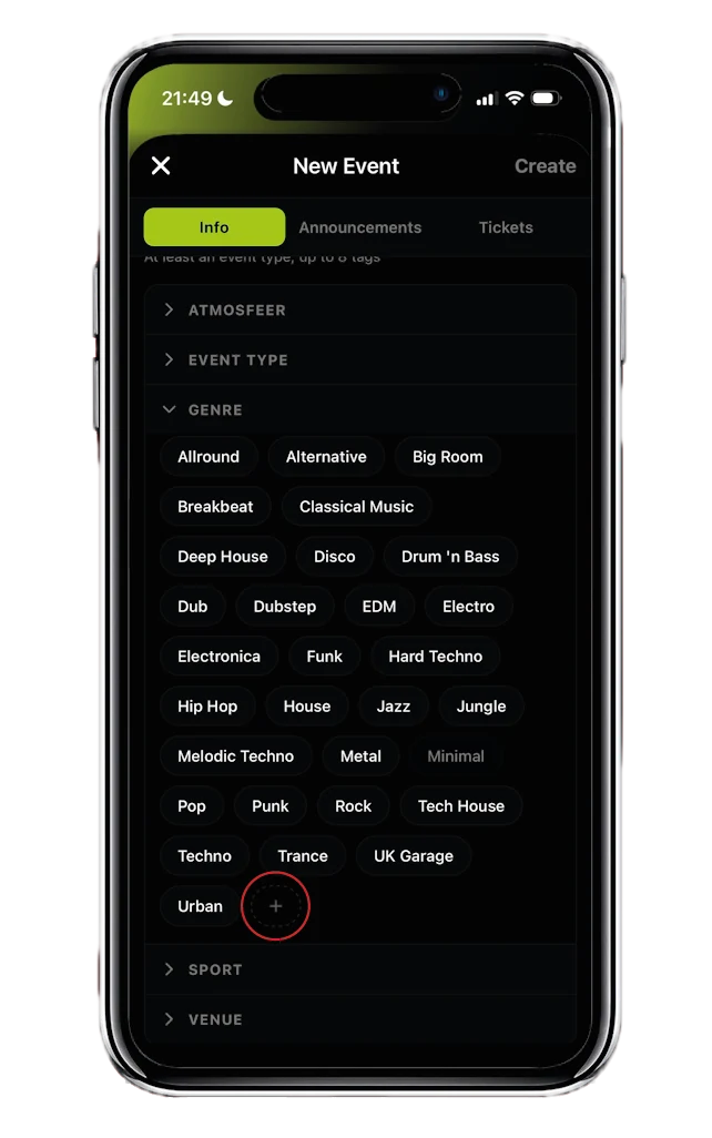 The tags when creating an event, with the plus button under Genre circled